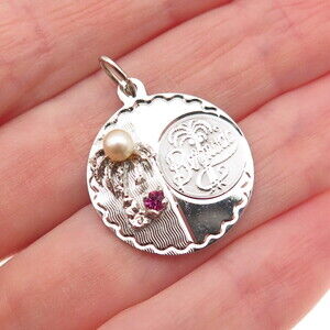 CREA 925 Sterling Vintage Rhinestone Faux Pearl Bermuda Palm Tree Charm Pendant